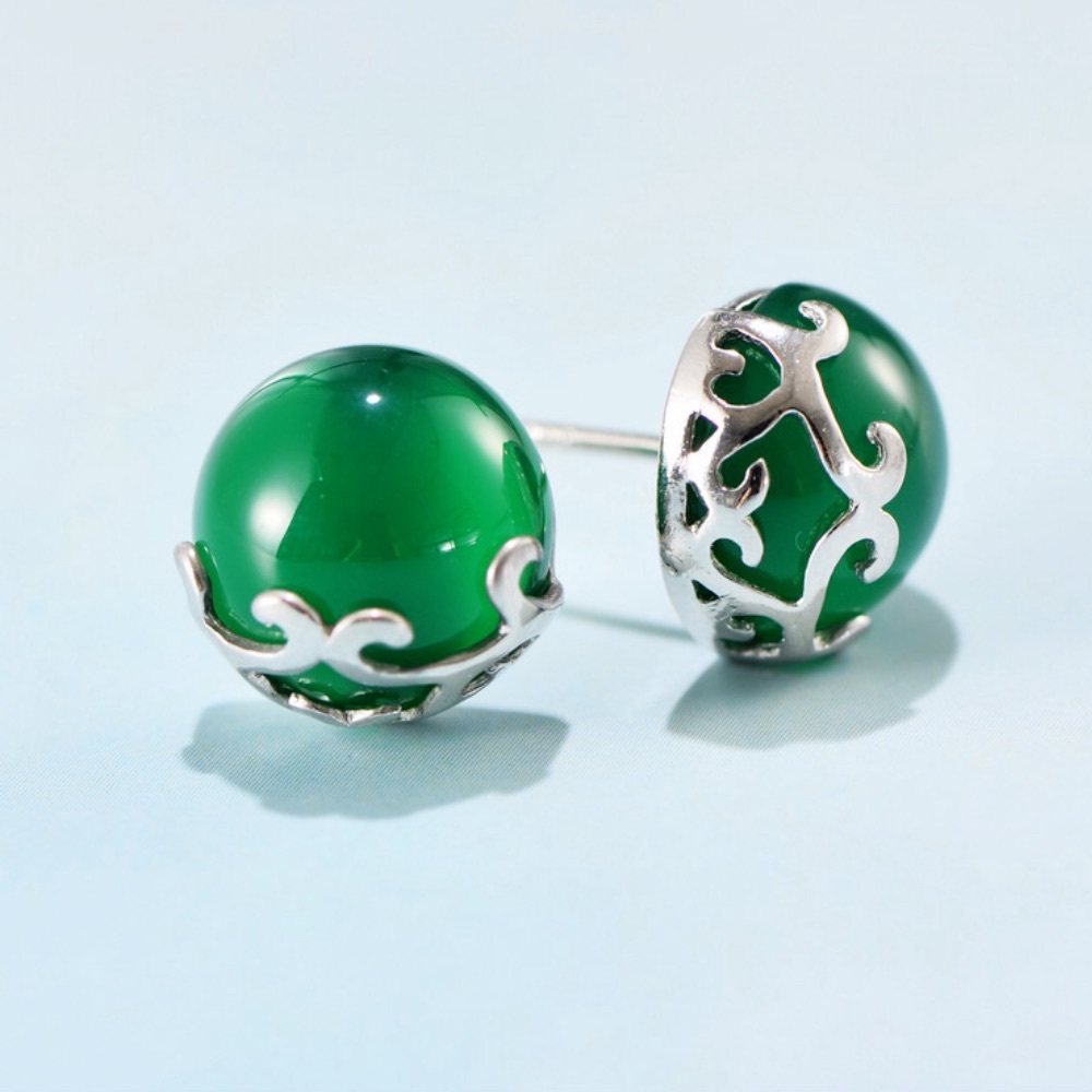 Dark Jade Natural Stone 10mm Stud Earring on Sterling Silver